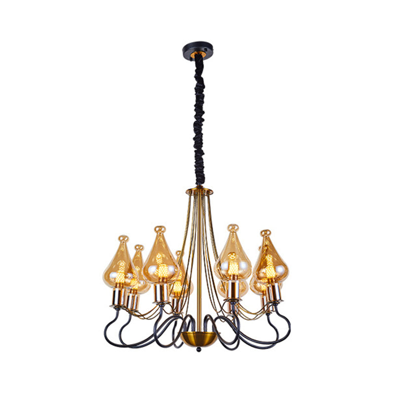 Modern Black-Gold Teardrop Chandelier With Amber Glass - 5/8 Lights Perfect For Dining Room