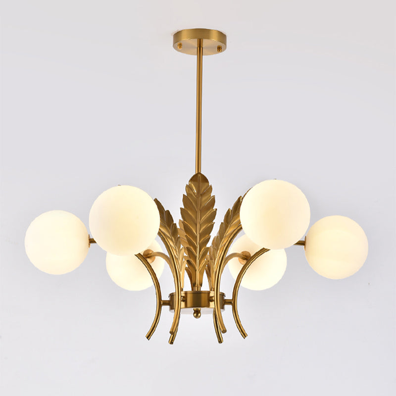 Simplicity White/Pink/Cognac Glass Led Ceiling Light: 6-Bulb Sphere Chandelier With Leaf Decor