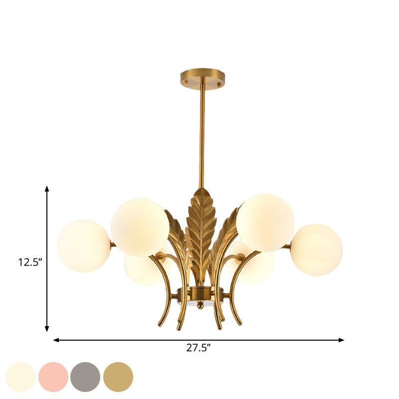 Simplicity White/Pink/Cognac Glass Led Ceiling Light: 6-Bulb Sphere Chandelier With Leaf Decor