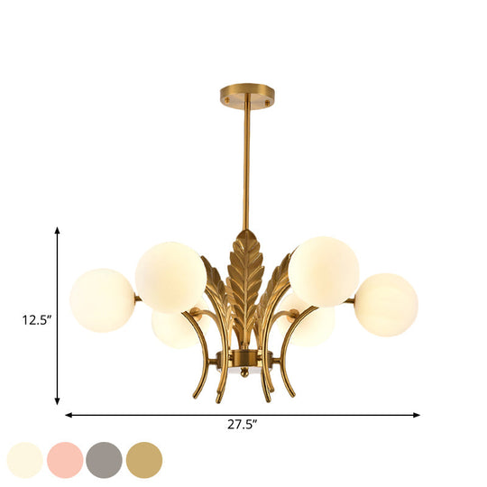 Simplicity White/Pink/Cognac Glass Led Ceiling Light: 6-Bulb Sphere Chandelier With Leaf Decor
