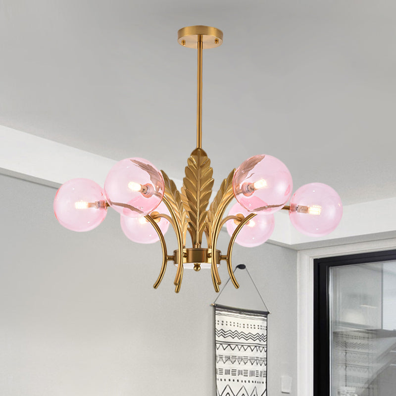 Simplicity White/Pink/Cognac Glass Led Ceiling Light: 6-Bulb Sphere Chandelier With Leaf Decor