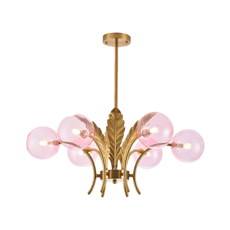 Simplicity White/Pink/Cognac Glass Led Ceiling Light: 6-Bulb Sphere Chandelier With Leaf Decor