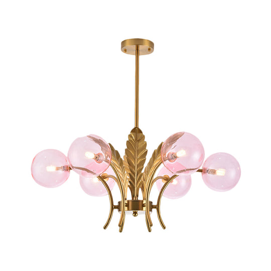 Simplicity White/Pink/Cognac Glass Led Ceiling Light: 6-Bulb Sphere Chandelier With Leaf Decor