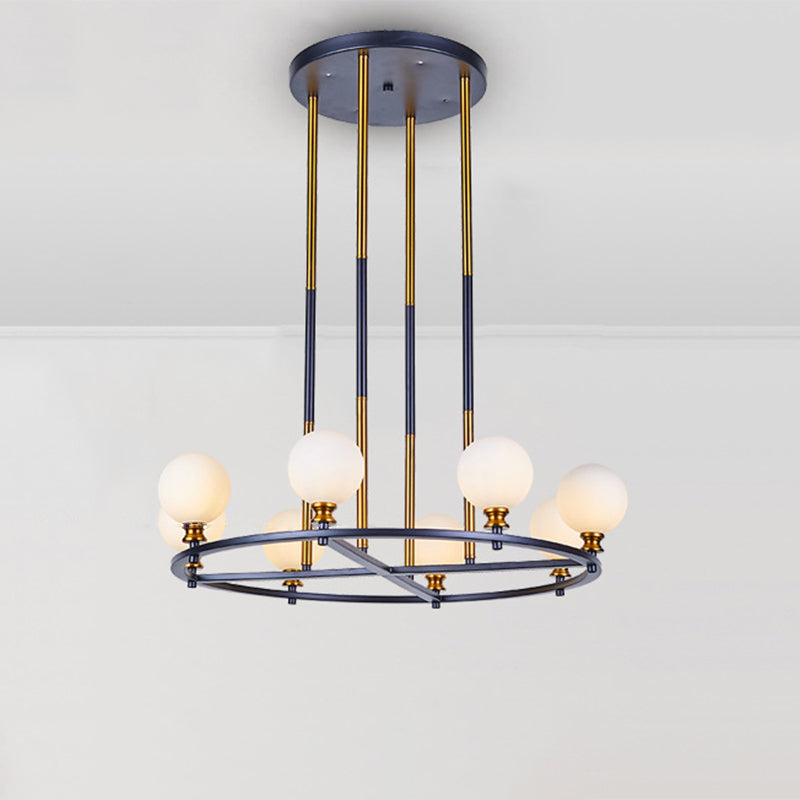 Nordic Style Black-Gold Globe Ceiling Chandelier With Frosted Glass Drop Pendant - 6/8 Lights Ring