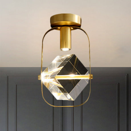 Modern Brass Led Ceiling Flush Mount Crystal Cube Semi Light Fixture