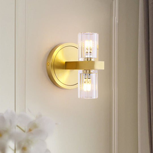 Modern Gold Translucent Crystal Blocks Wall Lamp: Cylindrical Sconce With 2 Heads For Drawing Room