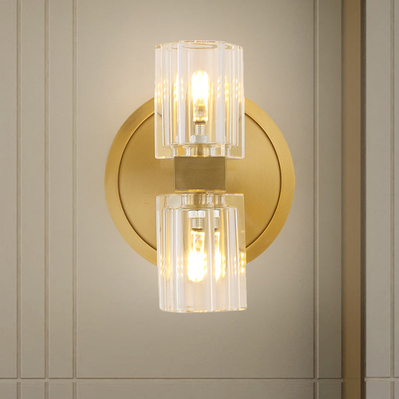 Modern Gold Translucent Crystal Blocks Wall Lamp: Cylindrical Sconce With 2 Heads For Drawing Room