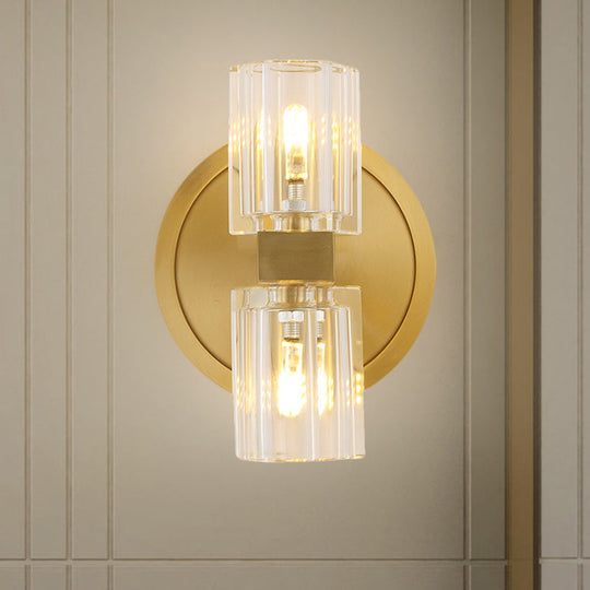 Modern Gold Translucent Crystal Blocks Wall Lamp: Cylindrical Sconce With 2 Heads For Drawing Room