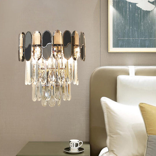 Contemporary Flush Wall Sconce With Clear Crystal Lamp And Black & Taupe Ornaments