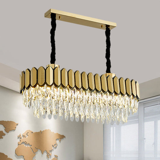 Contemporary Gold Finish Oval Island Light With Clear Crystal Shuttles And Led Bulbs