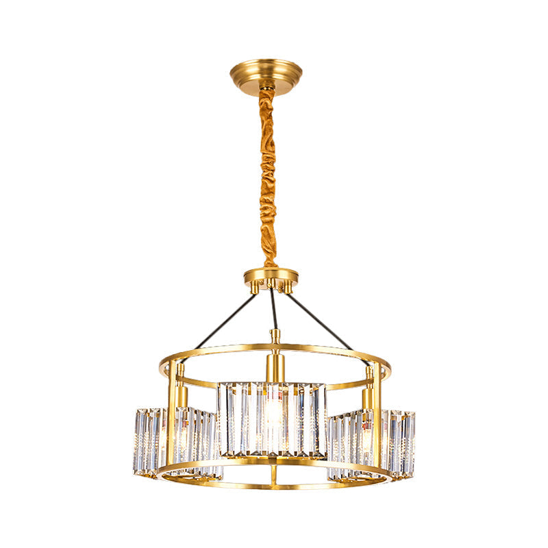 Contemporary Crystal Blocks Clear Chandelier With Metal Frame - 3 Heads Gold Hanging Drum Light Kit
