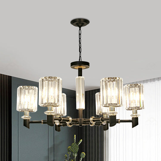 Contemporary Clear Crystal Chandelier With Black Metal Frame - 3/6 Bulb Cylinder Shade Ceiling Light