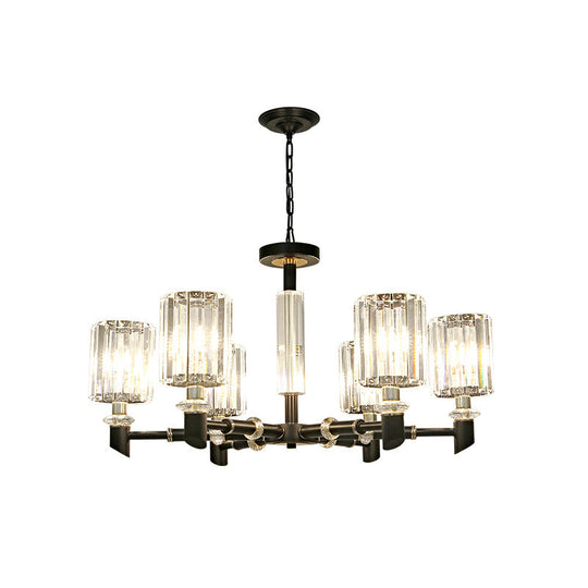 Contemporary Clear Crystal Chandelier With Black Metal Frame - 3/6 Bulb Cylinder Shade Ceiling Light