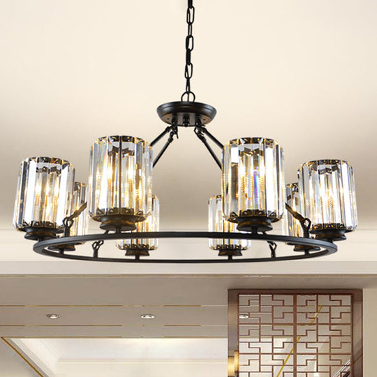 Modern Ring Crystal Chandelier With Clear Cylinder Shade - 6 Or 8 Bulbs Black Suspension Lamp /