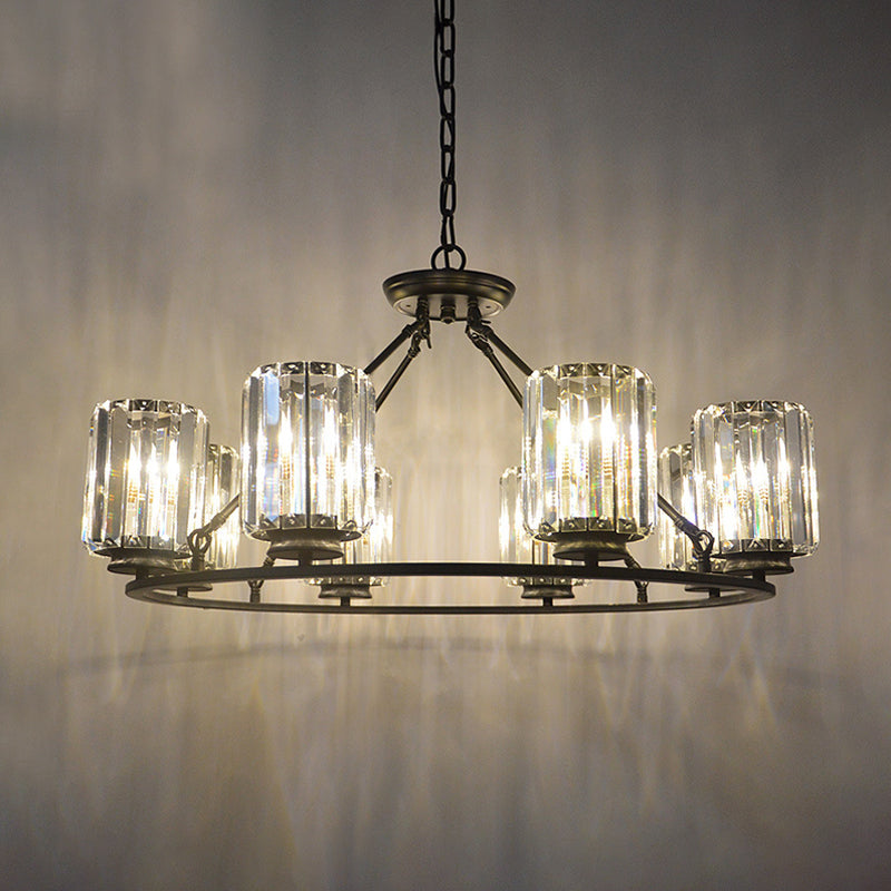Modern Ring Crystal Chandelier With Clear Cylinder Shade - 6 Or 8 Bulbs Black Suspension Lamp