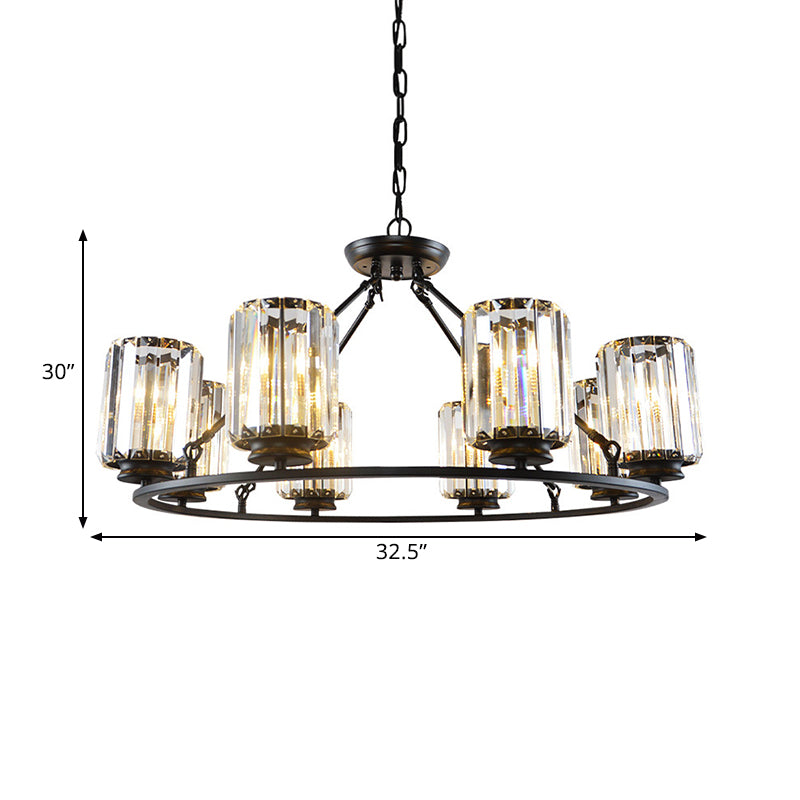 Modern Ring Crystal Chandelier With Clear Cylinder Shade - 6 Or 8 Bulbs Black Suspension Lamp