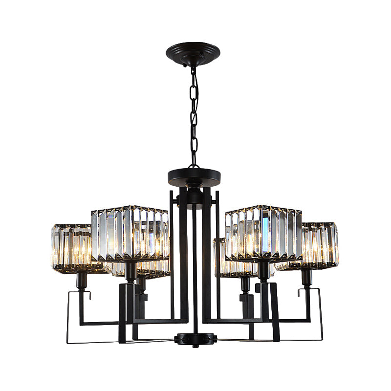 Modern Black Crystal Chandelier With Crooked Metal Frame - 6/8 Heads Clear Cubic Shades