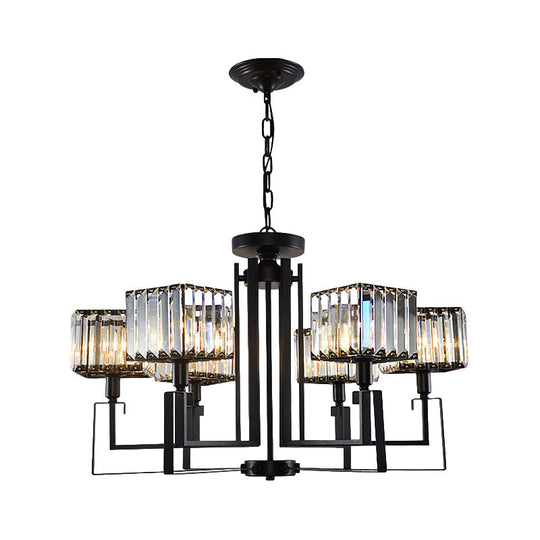 Modern Black Crystal Chandelier With Crooked Metal Frame - 6/8 Heads Clear Cubic Shades