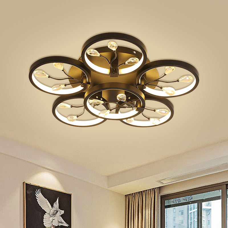 Contemporary Crystal Raindrops Semi Flush Light With Led Flower Design - Black/White Ceiling