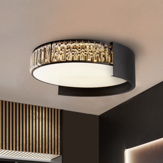 Modern Led Round Flush Mount Ceiling Lamp In Black With Crystal Blocks - White/Warm Light