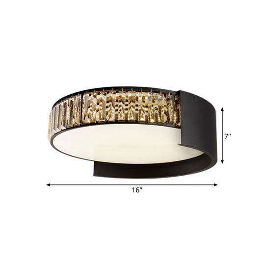 Modern Led Round Flush Mount Ceiling Lamp In Black With Crystal Blocks - White/Warm Light