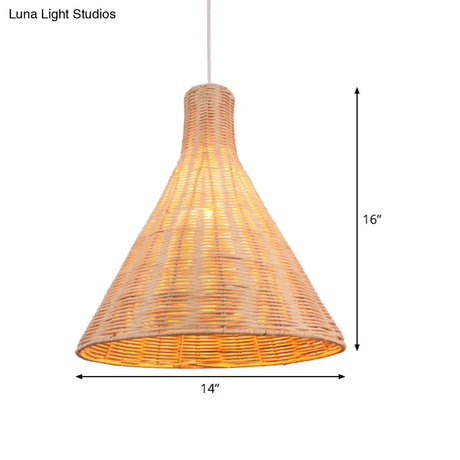 14/16 Inch Conical Bamboo Suspension Pendant - 1 Head Khaki Hanging Lamp Kit