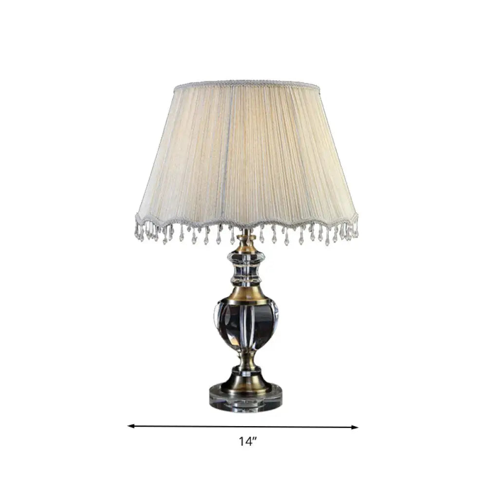 14/16 Traditional Cream Gray Crystal Nightstand Lamp With Cone Fabric Shade - Bedroom Night Table