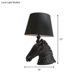 14/18 Wide Vintage 1-Light Table Lamp With Tapered Fabric Shade And Horse Head Base In Black