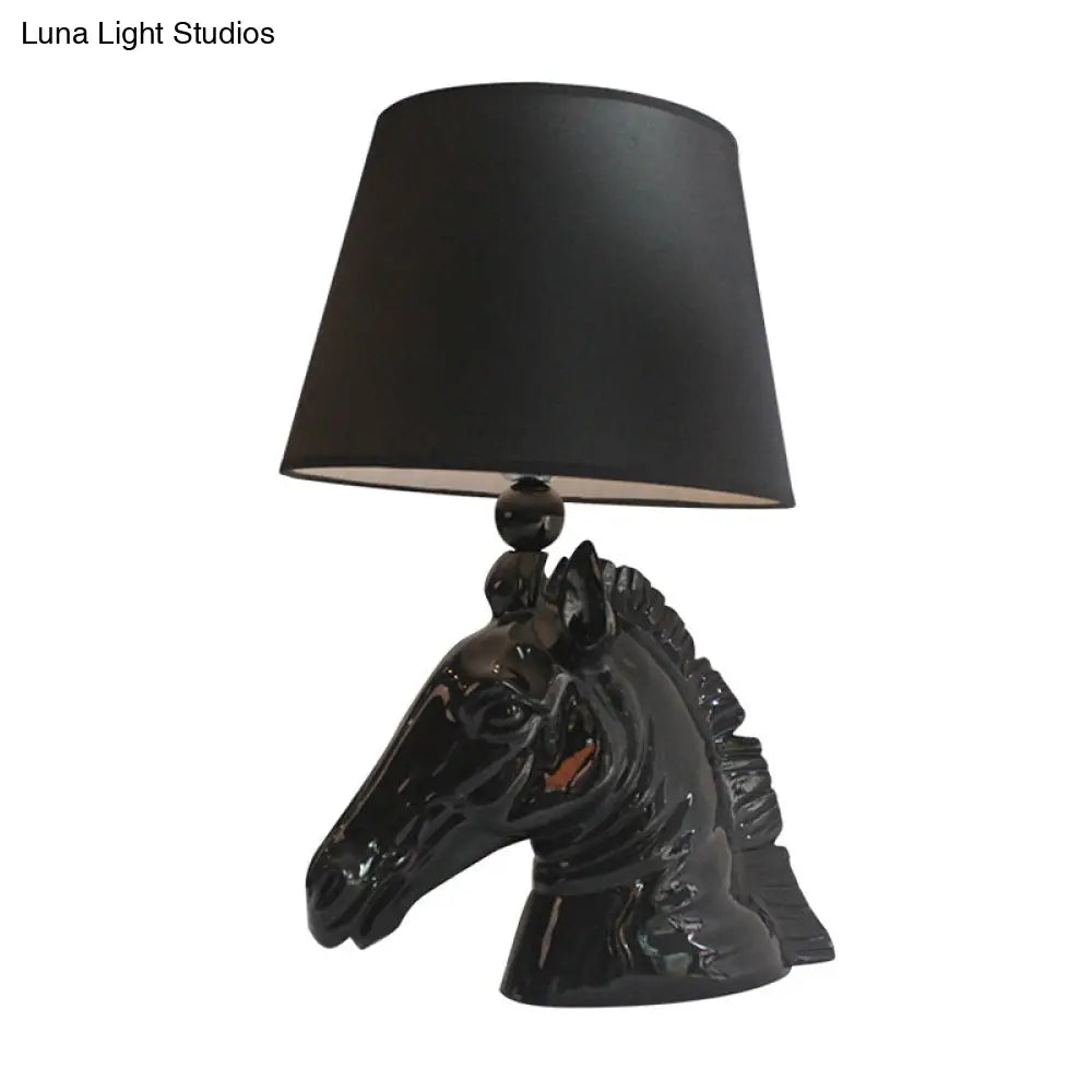 14/18 Wide Vintage 1-Light Table Lamp With Tapered Fabric Shade And Horse Head Base In Black