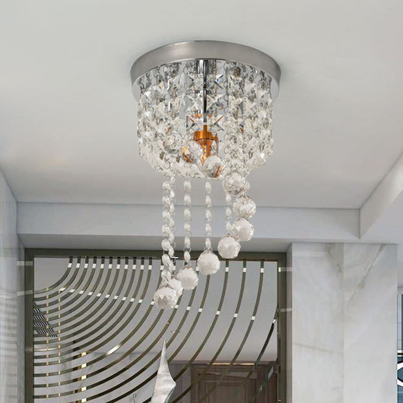 Modern Flush Mount Crystal Lamp With Clear Strands And Spiral Design - 1 Bulb Ceiling Fixture