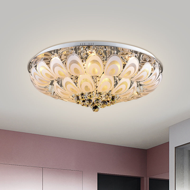 Contemporary Flush Mount Lighting Fixture With Crystal Balls And Peacock Feather Design - 8/10 Heads