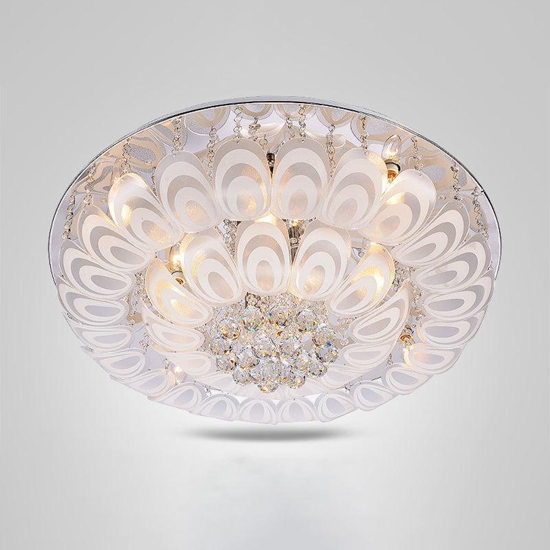 Contemporary Flush Mount Lighting Fixture With Crystal Balls And Peacock Feather Design - 8/10 Heads