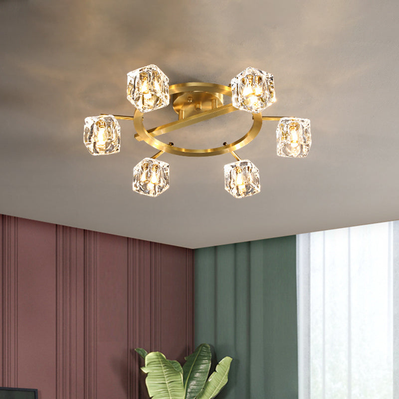 Modern Gold Ring Semi - Flush Mount Ceiling Light With Clear Crystal Cube Shade - 6/8 Bulbs Great