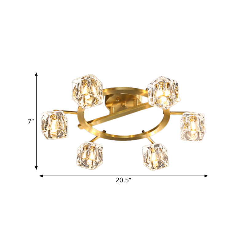 Modern Gold Ring Semi - Flush Mount Ceiling Light With Clear Crystal Cube Shade - 6/8 Bulbs Great