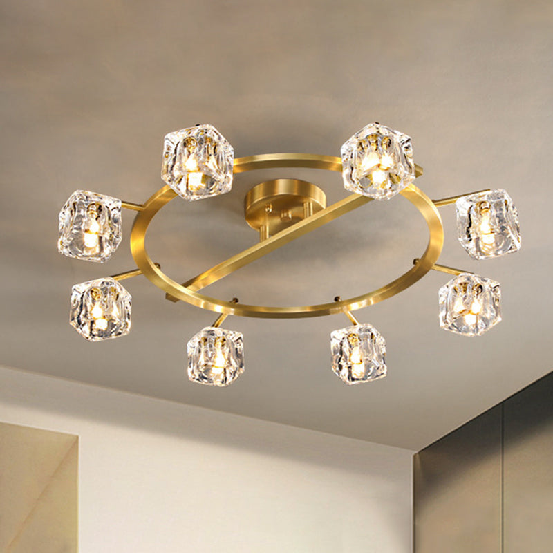 Modern Gold Ring Semi - Flush Mount Ceiling Light With Clear Crystal Cube Shade - 6/8 Bulbs Great