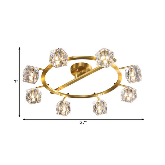Modern Gold Ring Semi - Flush Mount Ceiling Light With Clear Crystal Cube Shade - 6/8 Bulbs Great