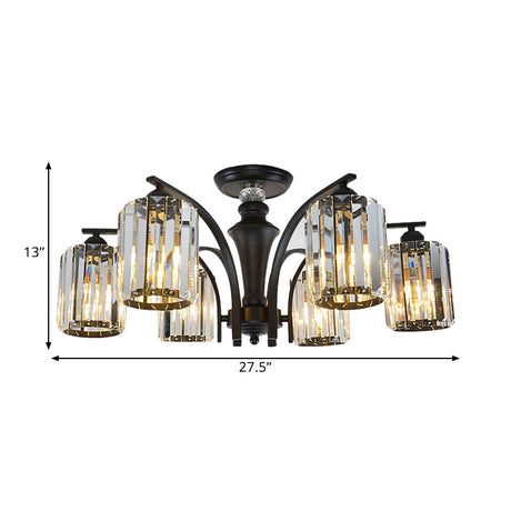 Semi Flush Clear Crystal Cylindrical Shade Light Fixture - 3/6 Bulbs Modern Design Black Ceiling