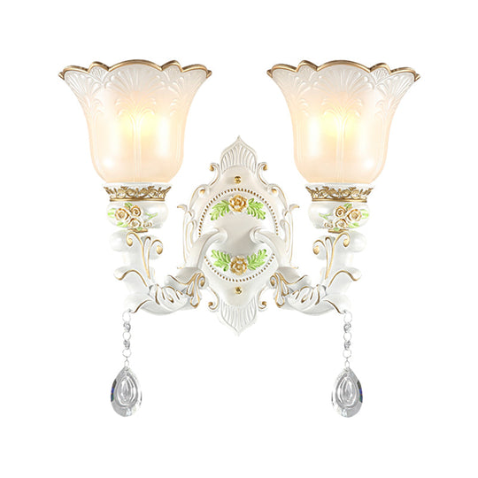Vintage White Glass Bellflower Sconce With Crystal Drop - 1/2-Light Wall Mount Fixture