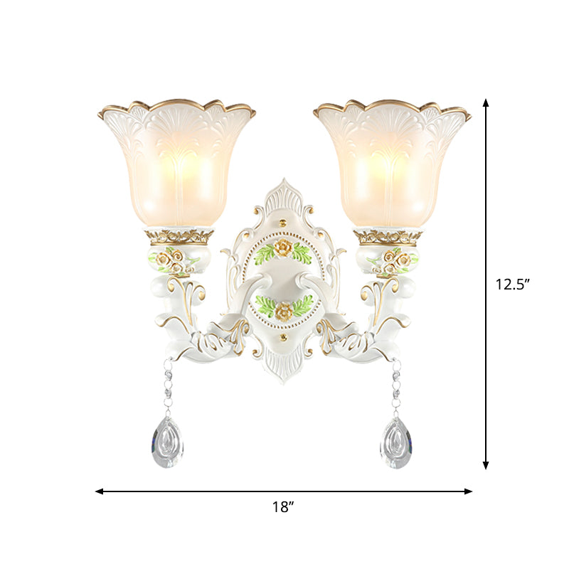 Vintage White Glass Bellflower Sconce With Crystal Drop - 1/2-Light Wall Mount Fixture