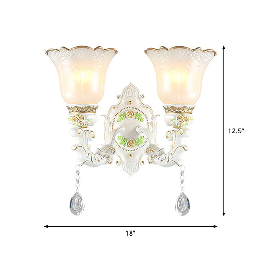 Vintage White Glass Bellflower Sconce With Crystal Drop - 1/2-Light Wall Mount Fixture