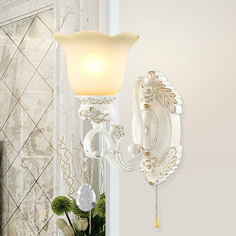 Traditional Ivory Glass Wall Sconce Light Fixture - White Scalloped Design Ideal For Dining Rooms