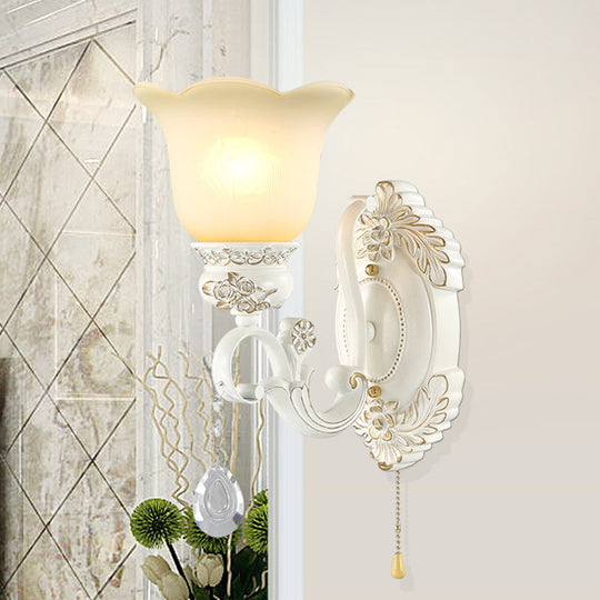 Traditional Ivory Glass Wall Sconce Light Fixture - White Scalloped Design Ideal For Dining Rooms