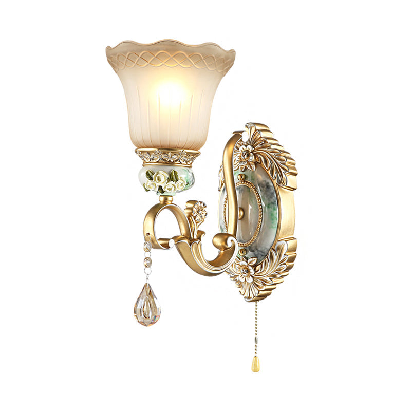 Traditional Gold Wall Sconce With Opal Glass Shade & Carved Rose Detail