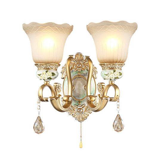 Traditional Gold Wall Sconce With Opal Glass Shade & Carved Rose Detail
