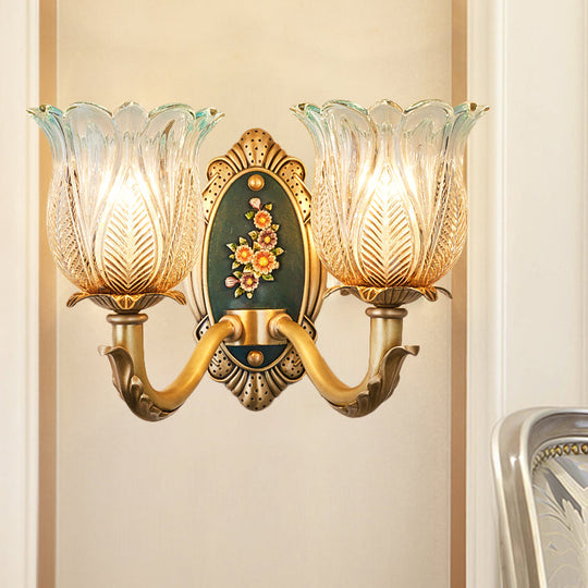 Golden Retro Flower Wall Sconce Fixture With Carved Glass - 1/2 Light Semi-Open Design 2 / Gold
