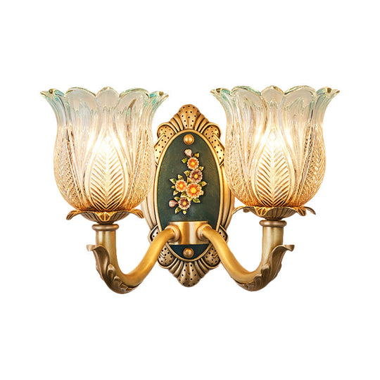 Golden Retro Flower Wall Sconce Fixture With Carved Glass - 1/2 Light Semi-Open Design