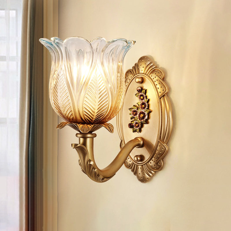 Vintage Gold Petals Carved Glass Sconce - Bedroom Wall Mounted Lamp For A Half-Bulb Lighting