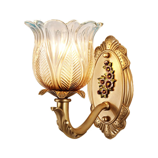 Vintage Gold Petals Carved Glass Sconce - Bedroom Wall Mounted Lamp For A Half-Bulb Lighting