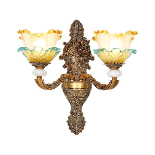 Traditional Brass Wall Sconce With Yellow And Blue Glass Accents Lettuce-Edge Mount Lamp 1/2-Head