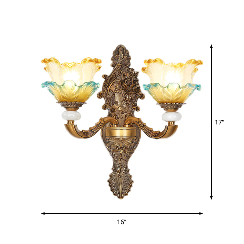Traditional Brass Wall Sconce With Yellow And Blue Glass Accents Lettuce-Edge Mount Lamp 1/2-Head